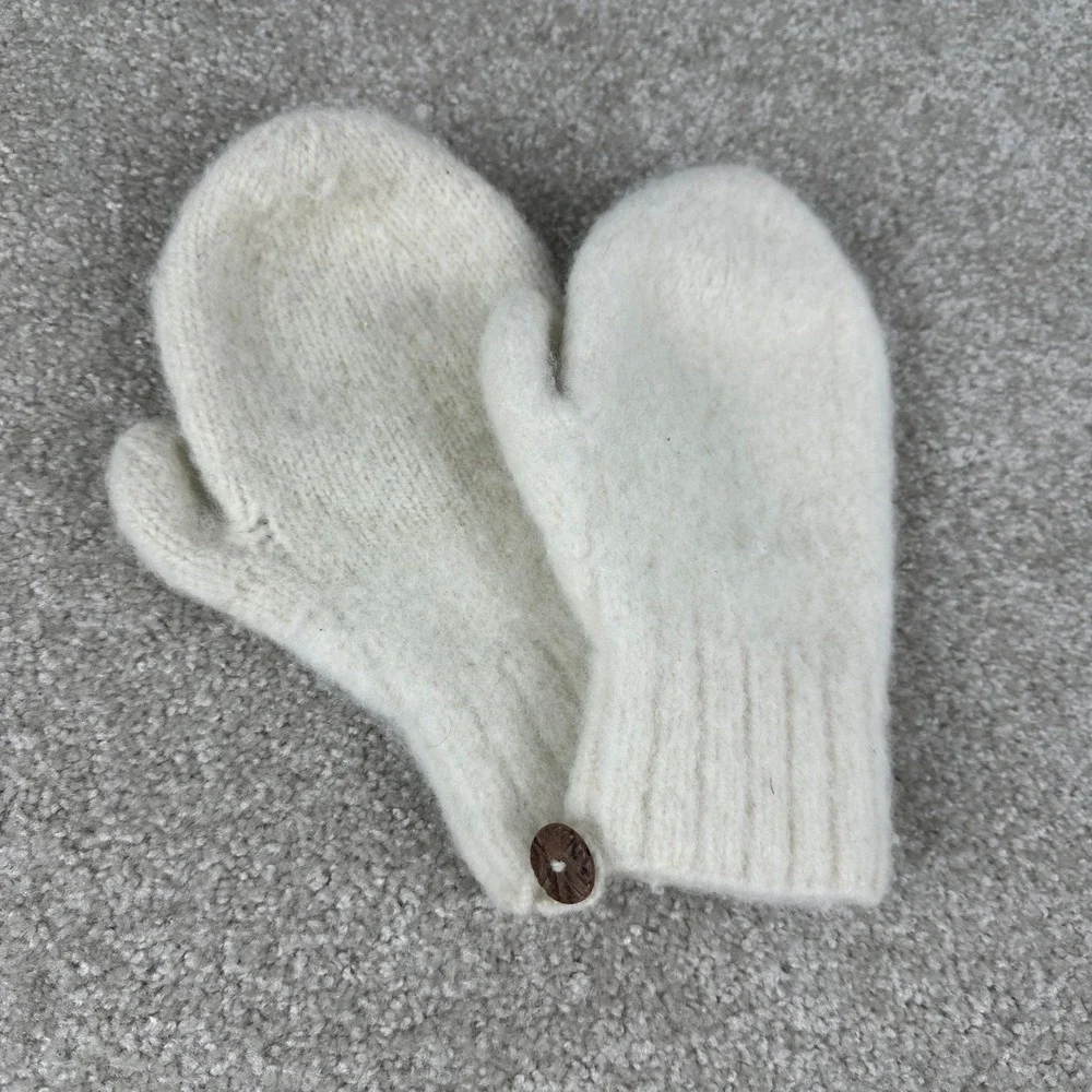 Handmade Wool Knit Mittens Cream White Winter Gloves with Button Detail